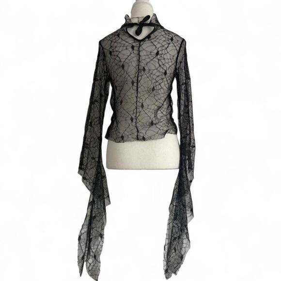 Black Whimsy Goth Grunge Emo Spider Web Mesh Sheer Lace Long Sleeve Size Small - Picture 2 of 7